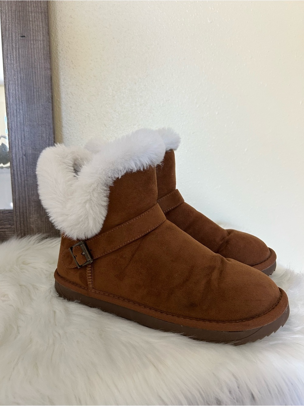 Women’s Chestnut Brown Faux Suede Shearling-Lined Slipper Boots